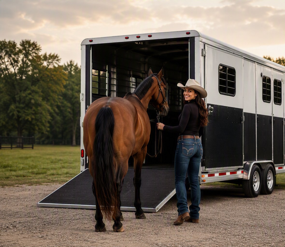 A rider walking her horse up the ramp of a horse trailer at golden hour